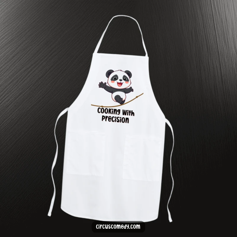 Funny panda apron showing a smiling panda walking a tightrope with cheerful determination, adding a brave touch to cooking tasks.