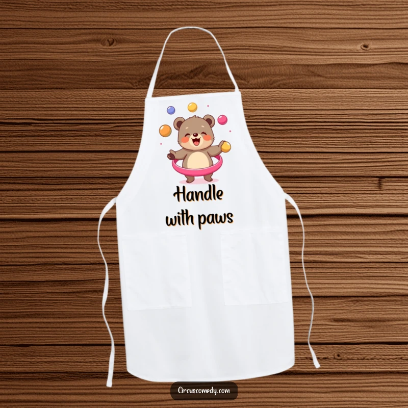 Funny bear cub apron, busy juggling circus balls while cooking, bringing humor to the kitchen, a delightful and practical gift.