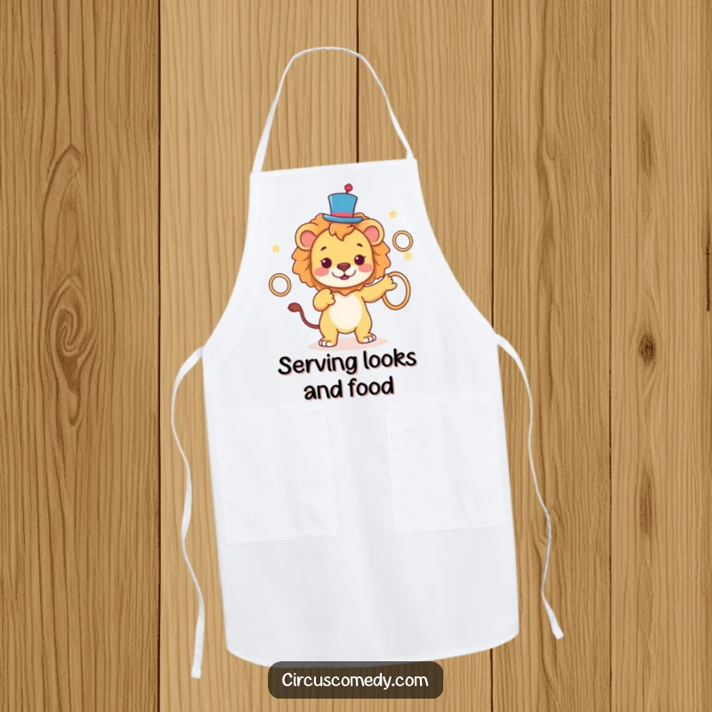 Funny Lion Top Hat Apron showing a lion in a top hat juggling rings while cooking, adding regal humor to the kitchen, a funny gift.