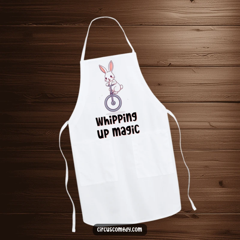 Funny rabbit apron showing a determined rabbit with perked ears, balancing on a large unicycle, adding playful energy to kitchen tasks.