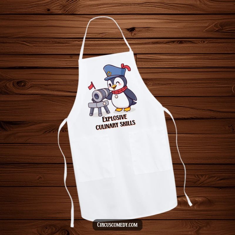 Funny Ringmaster Penguin Apron: A brave penguin in a circus outfit winks at a tiny cannon, a funny kitchen accessory for chefs.