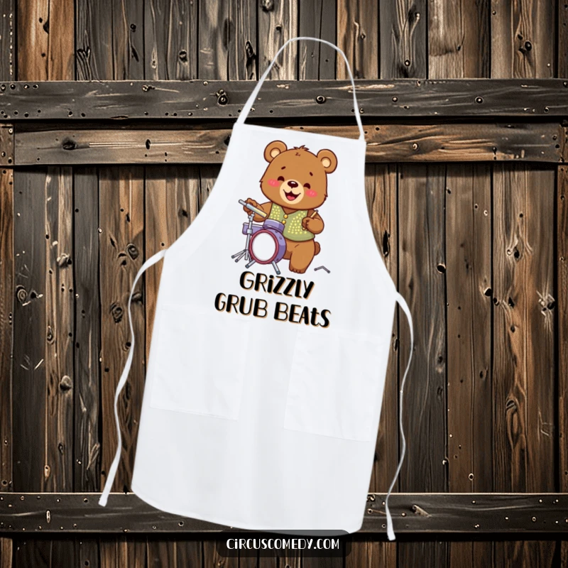 Funny bear in a dazzling sequined vest, energetically playing a miniature drum set, a huge grin on its face while cooking.