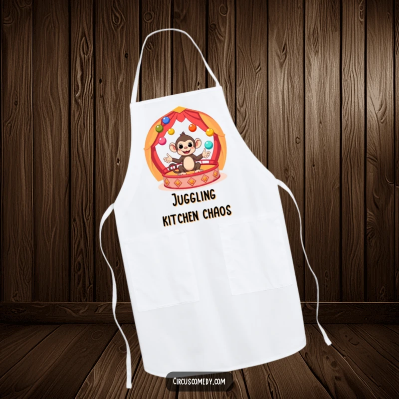 Funny Monkey Circus Apron showing a cute monkey juggling balls while cooking, adding humor to the kitchen, a fantastic funny gift.