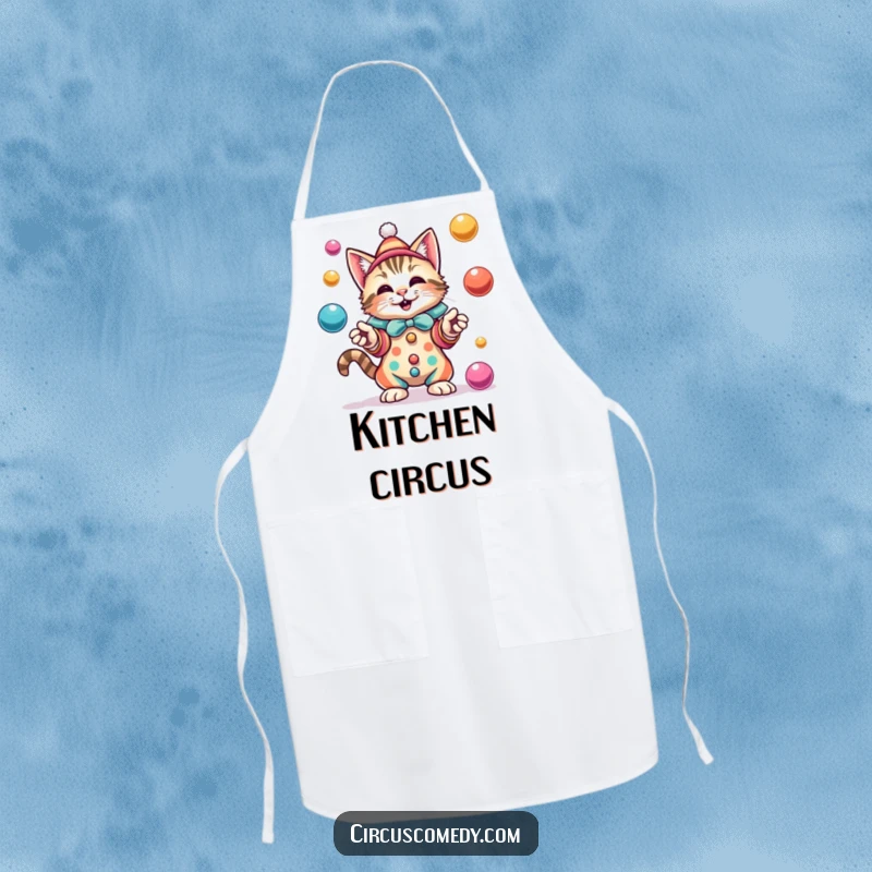 Funny cat in a colorful clown costume, skillfully juggling several balls with a look of intense delight while cooking.
