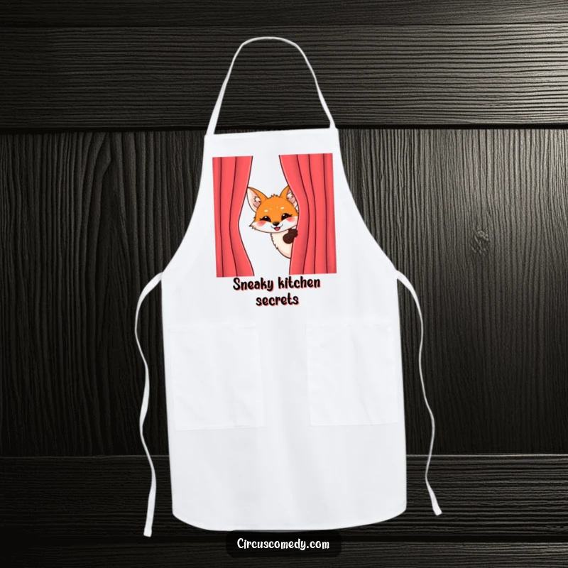Funny Fox Behind Curtain Apron: A mischievous fox peeks from behind a velvet curtain with an excited grin, a funny kitchen accessory.