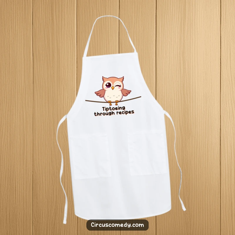 A winking owl balancing on a tightrope, a humorous and practical apron for a chef with poise.