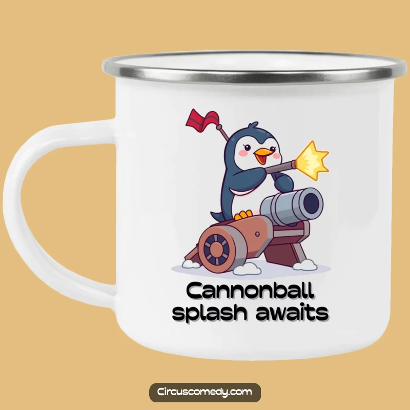 Funny Penguin Cannon Blast Camping Mug: Trail Adventures with Brave Birdy