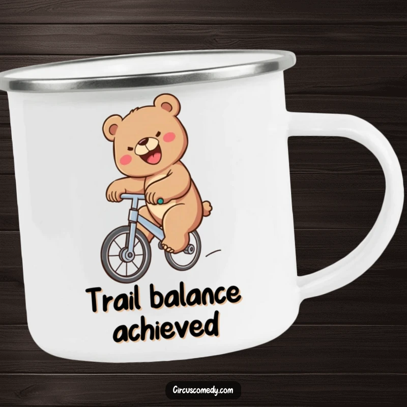 Funny Bear Unicycle Camping Mug featuring a determined bear riding a unicycle, ideal for outdoor adventures and a dose of humor, a funny gift.