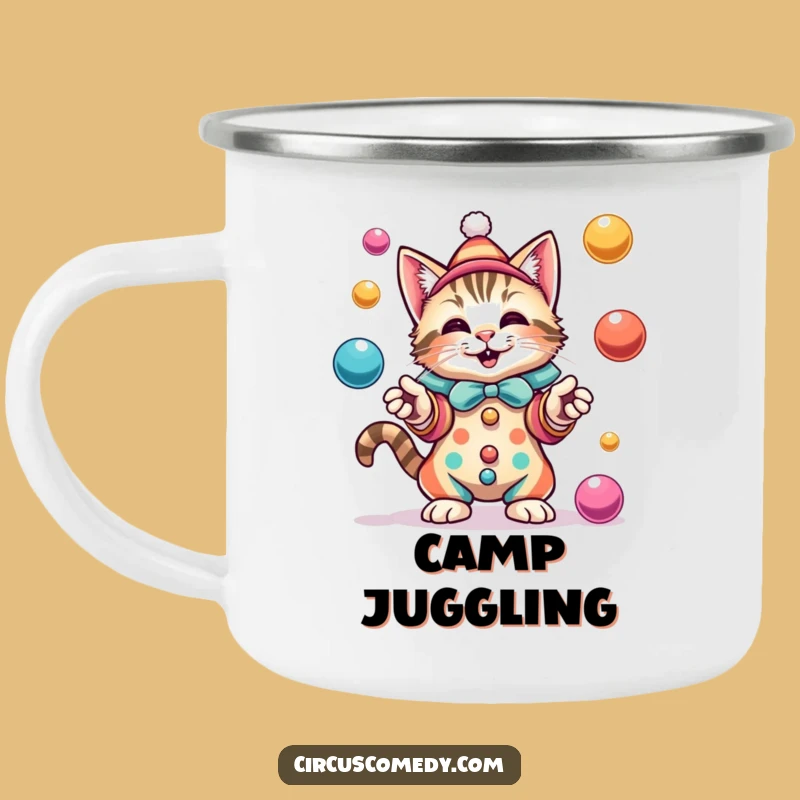 Funny Cat Clown Camping Mug: Juggler Feline for Outdoor Circus Fun!