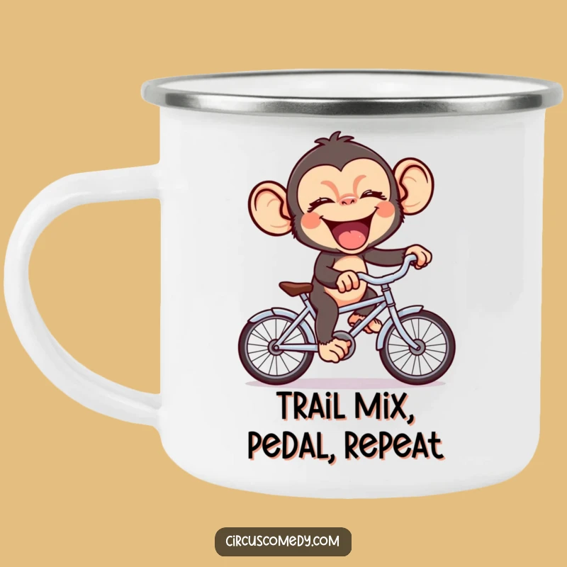 Funny Chimp Bicycle Camping Mug: Giggles by the Fire! Primate on Mini Bike, Rugged Funny Gift!