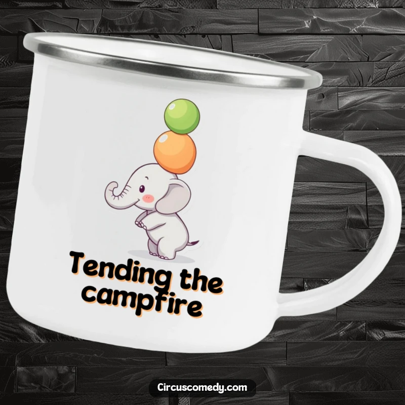 Funny Focused Elephant Camping Mug: A small elephant balances colorful balls on its trunk with intense focus, great for funny adventures.