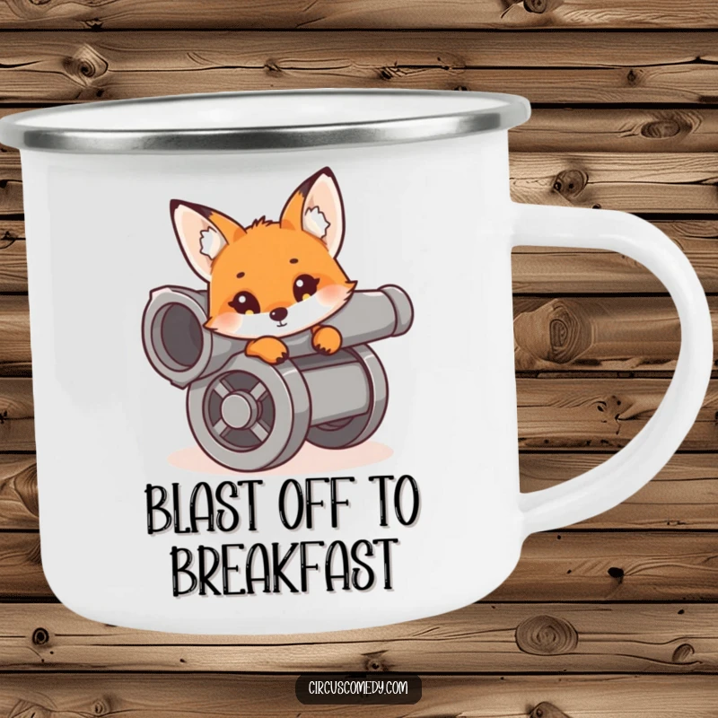 A curious fox peeking from a cannon, ready for outdoor escapades, depicted on a tough and humorous camping mug.