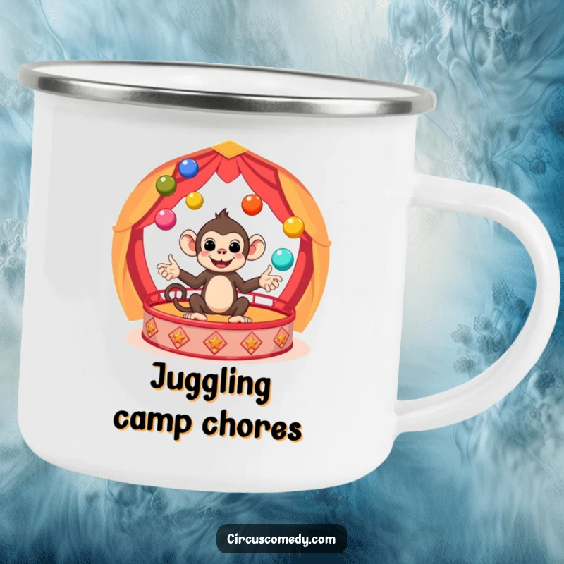 Funny Monkey Circus Camping Mug featuring a cute monkey juggling balls, ideal for outdoor adventures and a dose of humor, a funny gift.