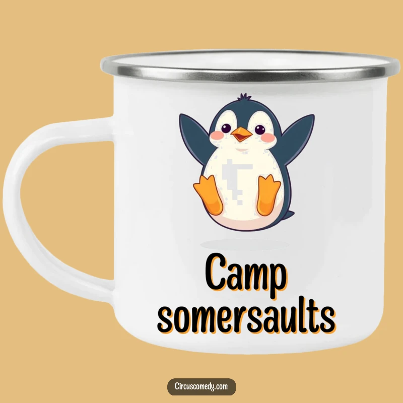 Funny Penguin Camping Mug: Waddling Somersault - Outdoor Humor Gift