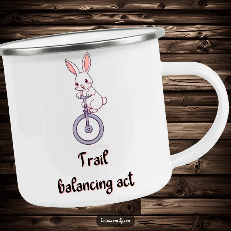Funny rabbit camping mug showing a determined rabbit with perked ears, balancing on a large unicycle, built for rugged fun and outdoor enjoyment.