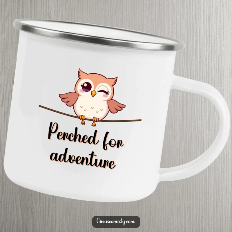 A winking owl balancing on a tightrope, a humorous and durable camping mug for outdoor enthusiasts.