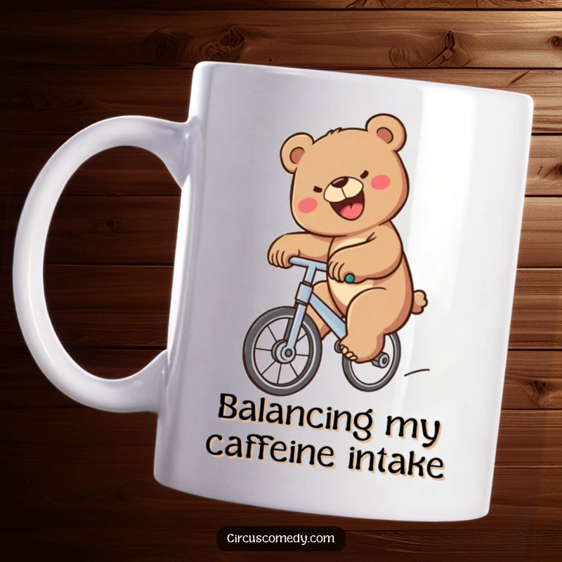 Funny Bear Unicycle Mug showing a determined bear with a huge smile joyfully riding a unicycle, a hilarious and inspiring gift.