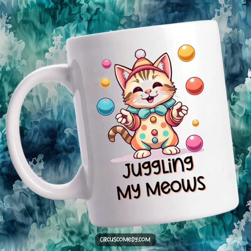 Funny cat dressed in a colorful clown costume, joyfully juggling multiple colorful balls with a look of sheer delight.