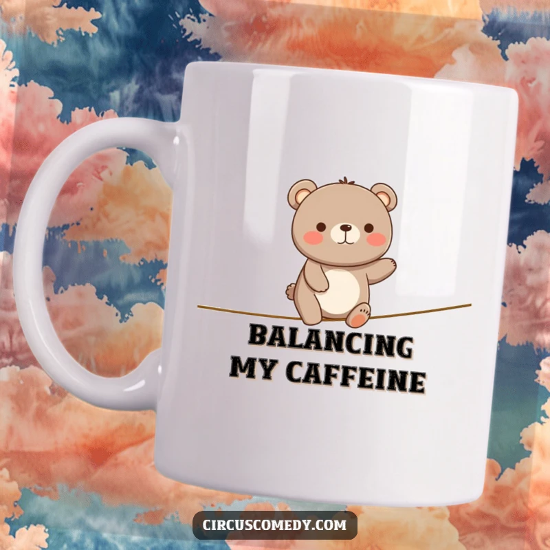 Funny Happy Bear Tightrope Mug: A bear wobbles on a tightrope but looks undeniably happy, a cheerful and funny gift.