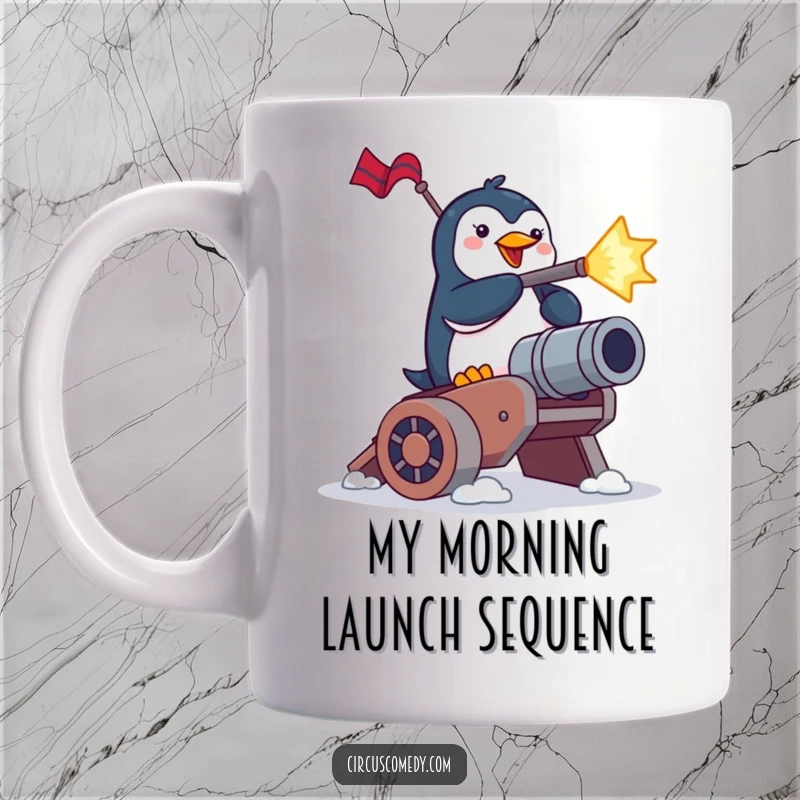 Funny penguin mug, a brave bird launching dramatically from a cannon with a determined expression, perfect for a laugh.