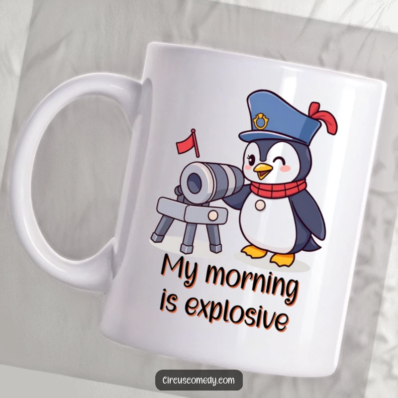 Funny Ringmaster Penguin Mug: A brave penguin in a circus outfit winks before a tiny cannon, ready for a hilarious show.
