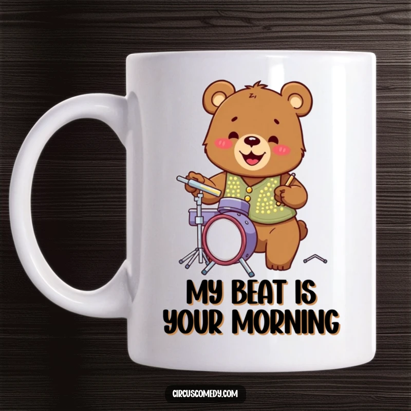 Funny bear in sequined vest enthusiastically playing a miniature drum set with a huge grin, perfect for music lovers.