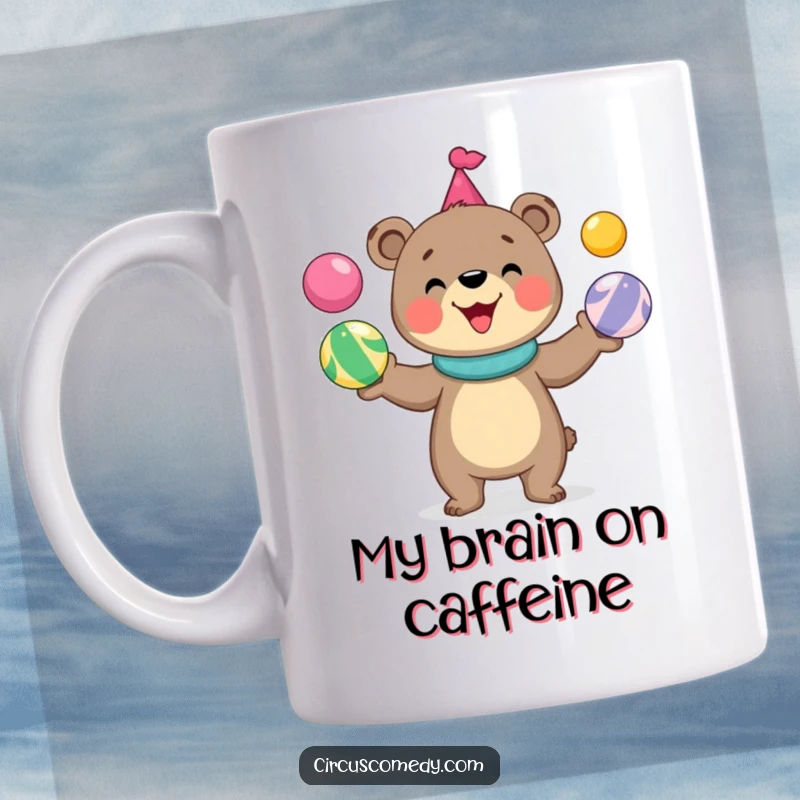 Funny bear mug with a cute, smiling bear joyfully juggling colorful circus balls, perfect for adding a touch of whimsy.