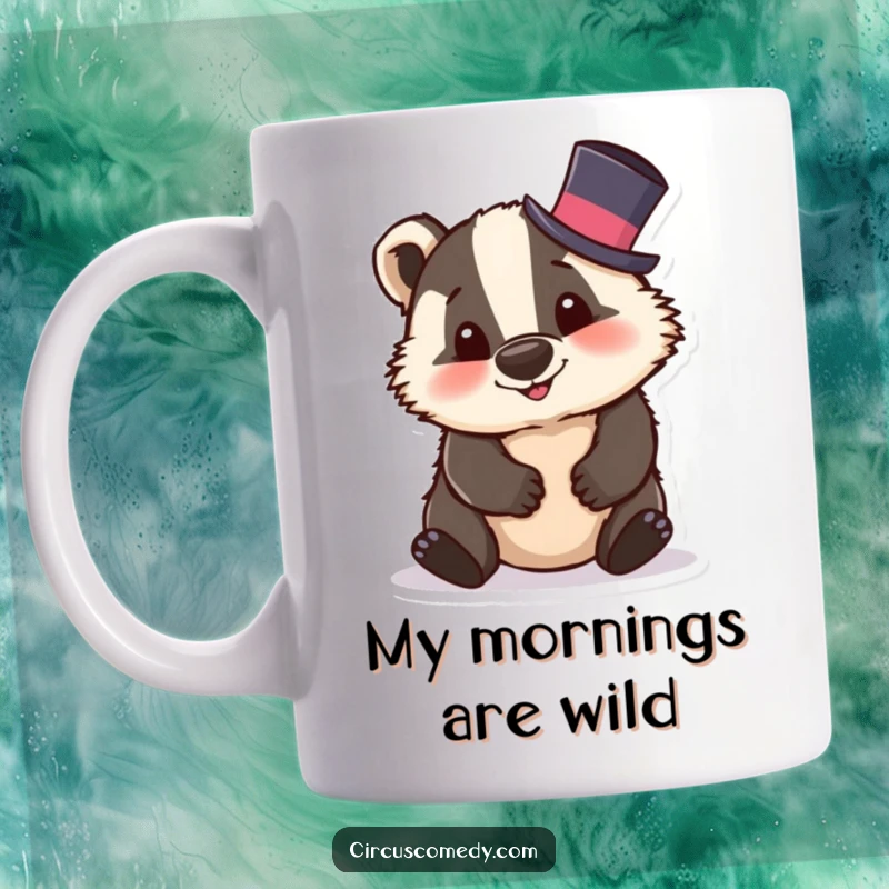 Funny badger mug featuring a silly badger wearing a tiny top hat and tumbling with a comical expression, radiating playful energy.