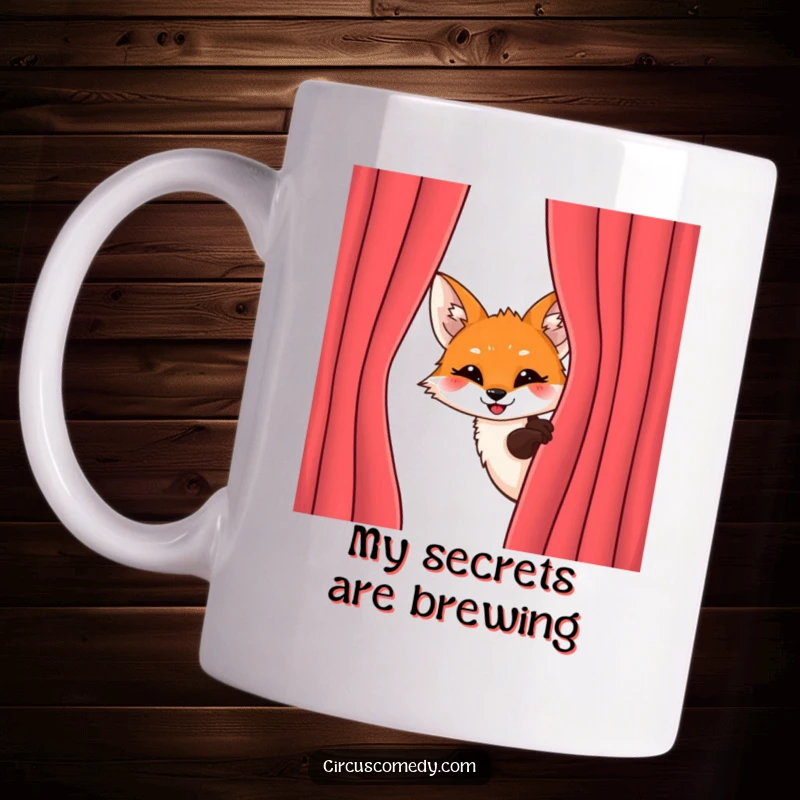 Funny Fox Behind Curtain Mug: A mischievous fox peeks from behind a velvet curtain with an excited grin, perfect for a funny gift.