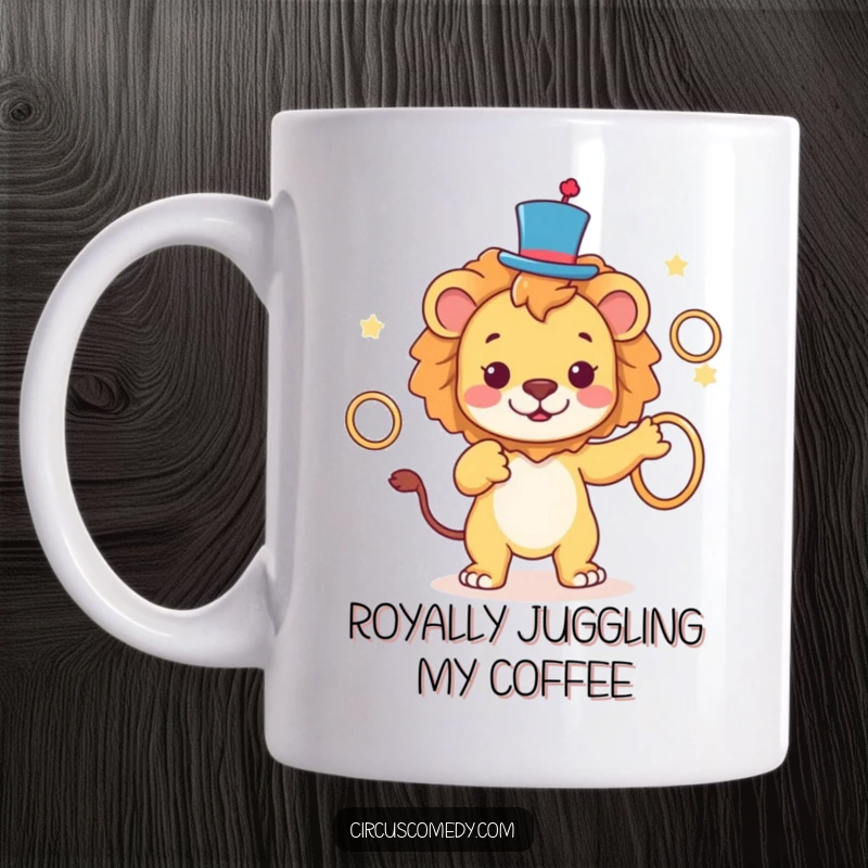 Funny Lion Top Hat Mug showing a playful lion in a tiny top hat skillfully juggling rings, a sophisticated and funny gift.