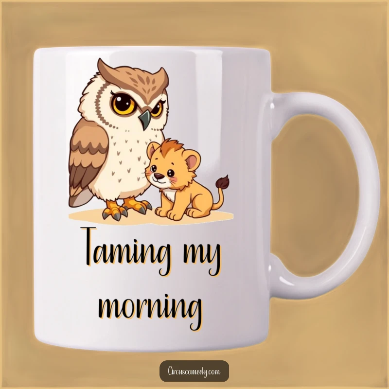 Funny Owl & Cub Mug: Determined Owl Taming Lion Cub - Hilarious Animal Lover Gift