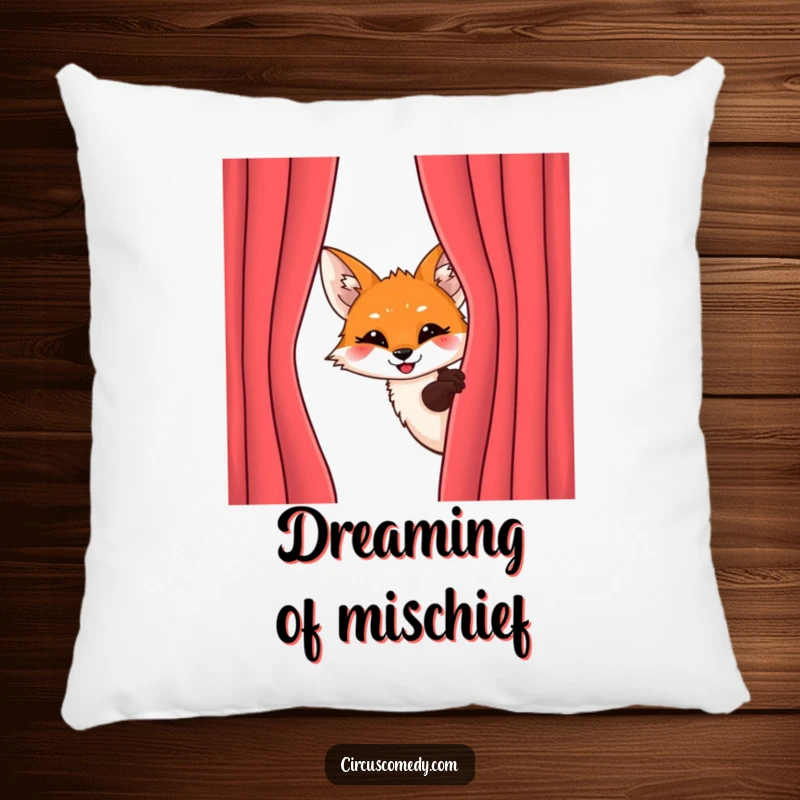 Funny Fox Peeking Pillow: A mischievous fox peeks from behind a velvet curtain with an excited grin, a soft and funny pillow.
