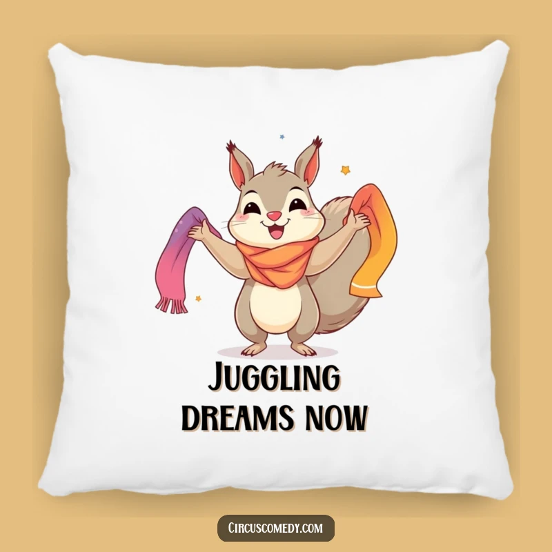 Funny Squirrel Pillow: Cheerful Juggler with Scarves - Comfy & Colorful Decor
