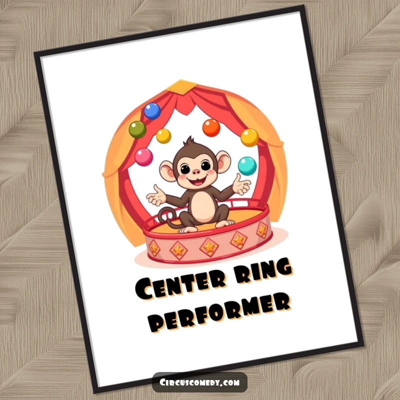 Funny Monkey Circus Digital Art Print of a cute monkey artist juggling colorful balls, perfect for instant humorous wall decor, a funny gift.