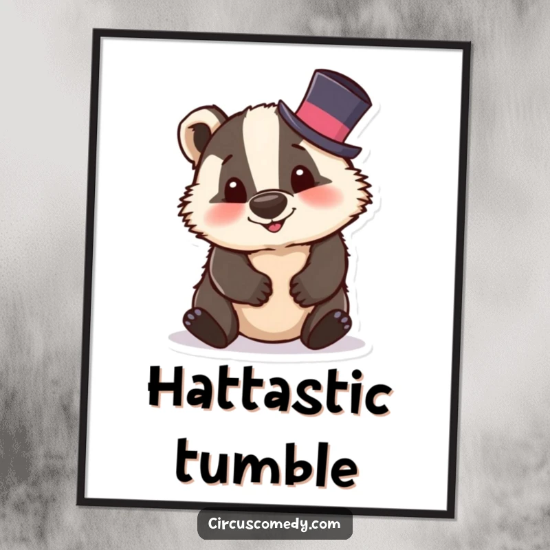 Funny badger digital art print of a silly badger in a tiny top hat, tumbling, creating vibrant and playful wall art.