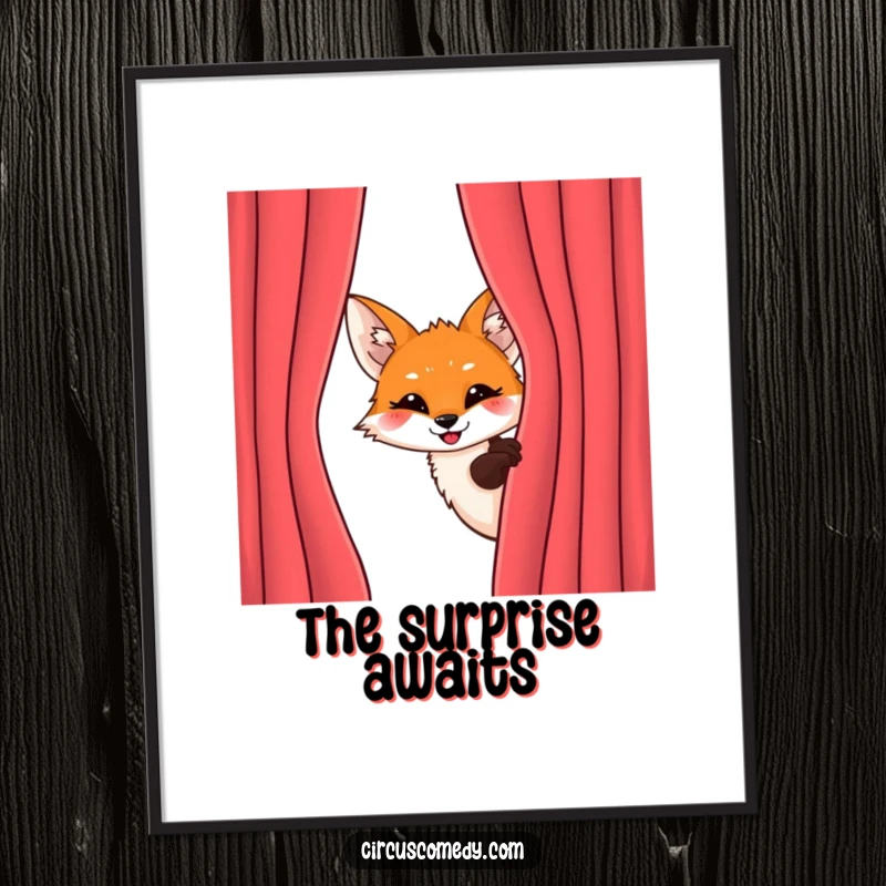 Funny Fox Behind Curtain Digital Art Print: A mischievous fox peeks from behind a velvet curtain with an excited grin, instant funny decor.