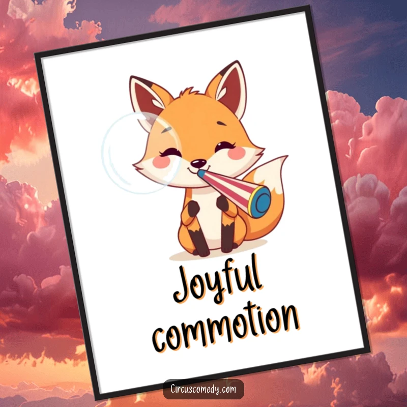 Funny fox digital art print of a cheerful fox blowing a large bubble from a giant circus whistle, creating vibrant and playful wall art.