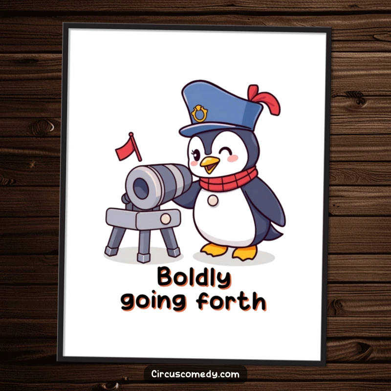 Funny Ringmaster Penguin Digital Art Print: A brave penguin in a circus outfit winks at a tiny cannon, instantly downloadable circus humor.