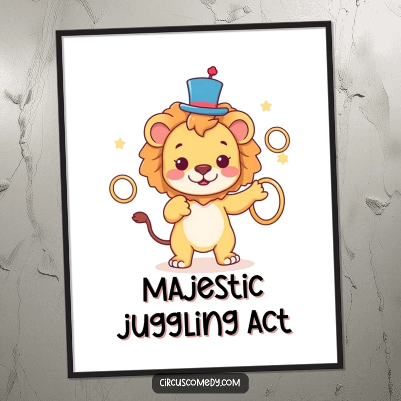 Funny Lion Top Hat Digital Art Print of a lion juggling rings with a top hat, providing instant regal and humorous wall decor, a funny gift.
