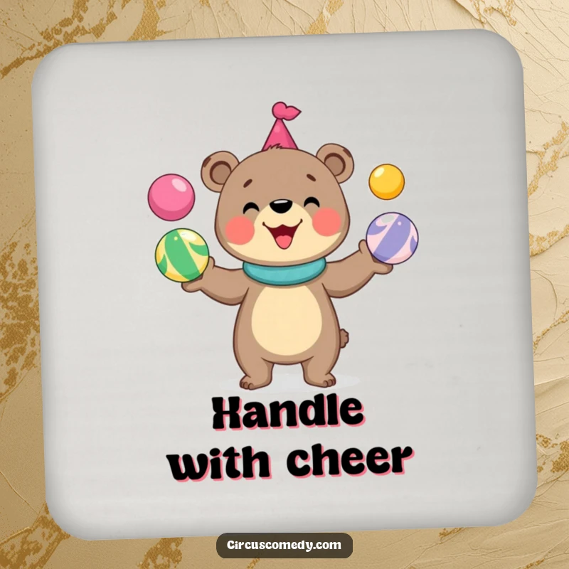 Funny bear drink coaster featuring a cute, smiling bear juggling colorful circus balls, adding a touch of playful protection.
