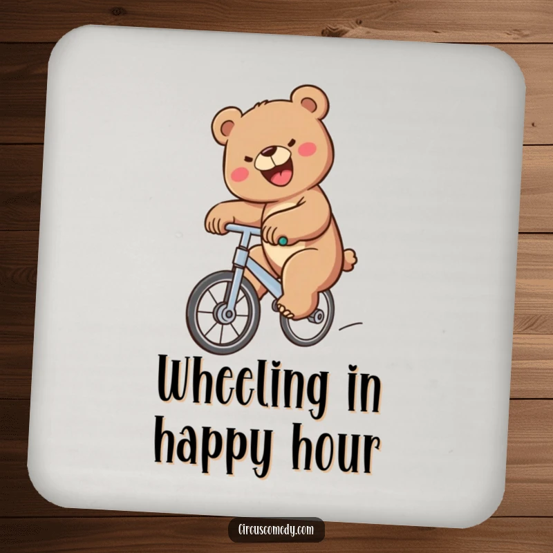 Funny Bear Unicycle Coasters showing a determined bear riding a unicycle, protecting tables with humor, an excellent funny gift.