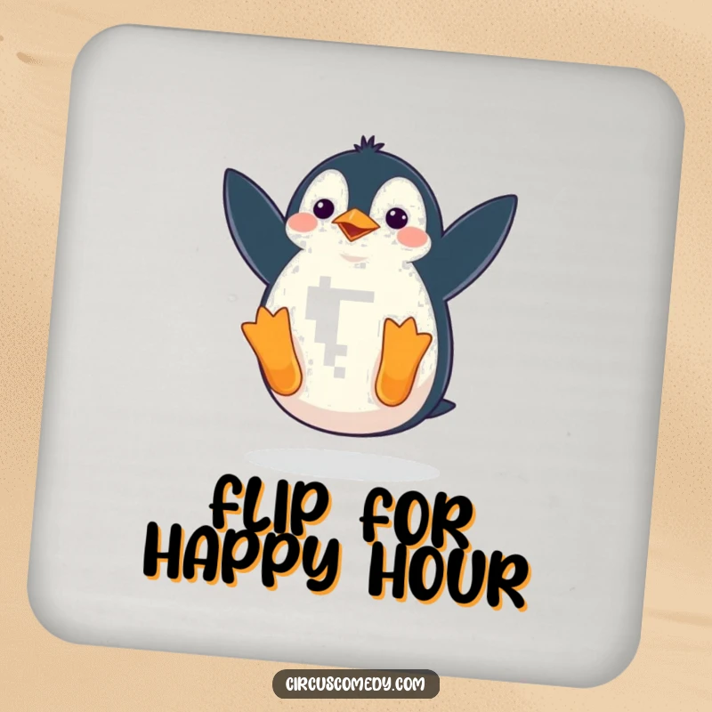 Funny drink coaster featuring a penguin waddling comically as it performs a somersault, protecting surfaces with humorous and charming artwork.