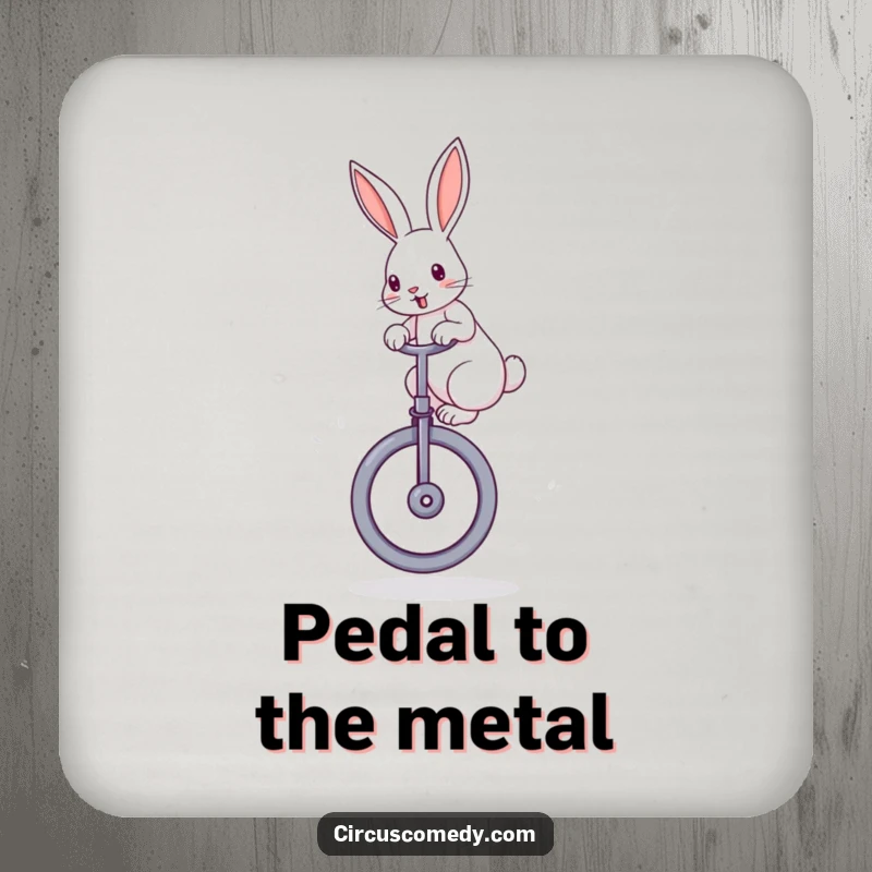 Funny rabbit drink coaster featuring a determined rabbit with perked ears, balancing on a large unicycle, adding playful protection.