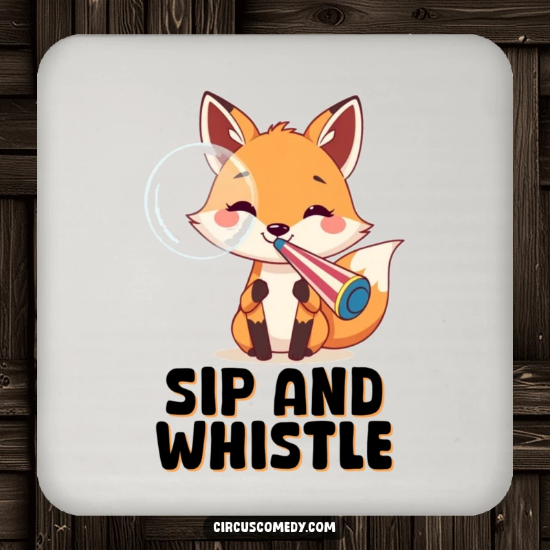 Funny fox drink coaster featuring a cheerful fox blowing a large bubble from a circus whistle, adding playful protection.