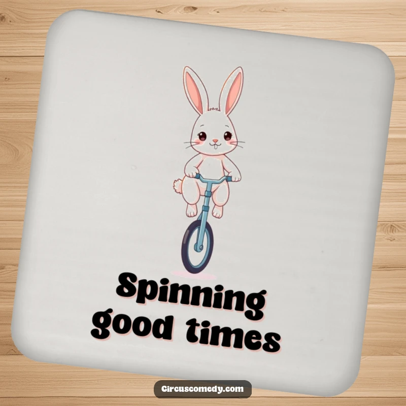Funny rabbit coasters, a determined rabbit balancing on a unicycle, humorous and stylish surface protection.