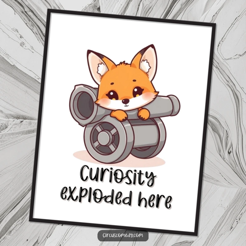 A curious fox peeking out from a cannon, with an alert and adventurous expression, creating a humorous and eye-catching poster.