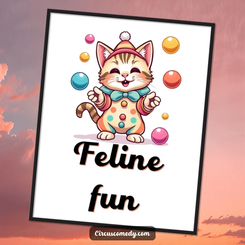 Funny cat in a colorful clown costume juggling multiple vibrant balls with an expression of pure delight and amusement.