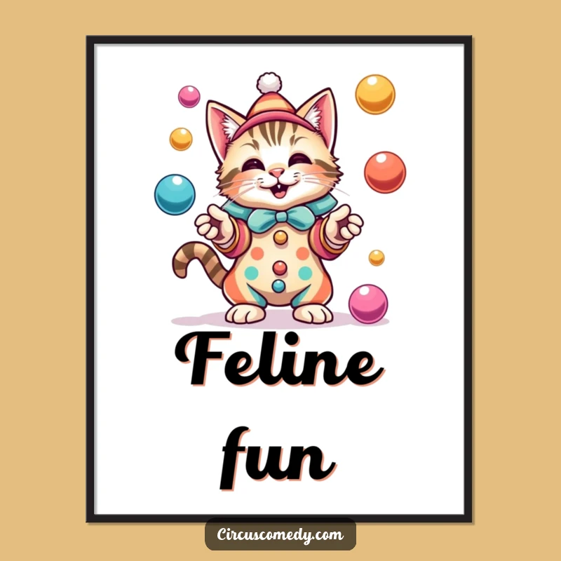 Funny Cat Clown Poster: Colorful Juggler Feline Art, Perfect Gift for Circus Fans!