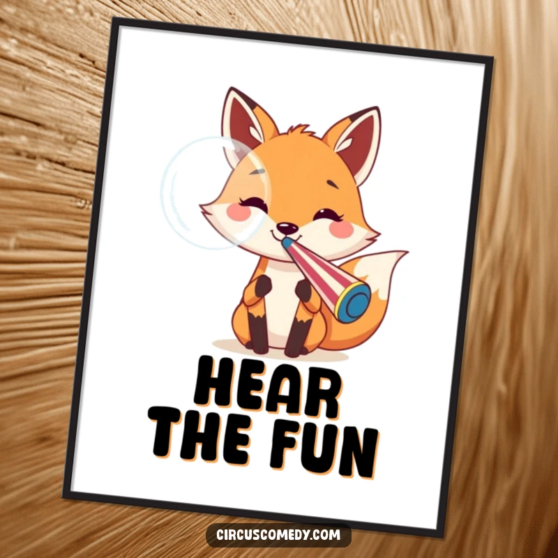 Funny fox poster featuring a cheerful fox blowing a large bubble from a giant circus whistle, creating vibrant and playful wall art.