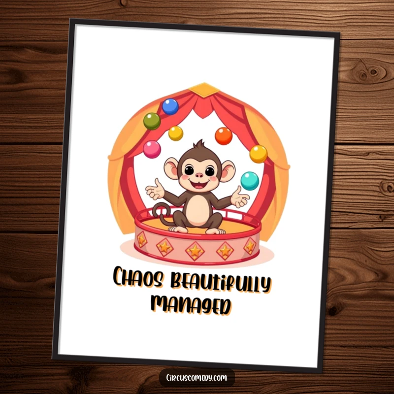 Funny Monkey Circus Poster showcasing a cute, smiling monkey juggling a vibrant array of balls in a circus ring, a hilarious art gift.